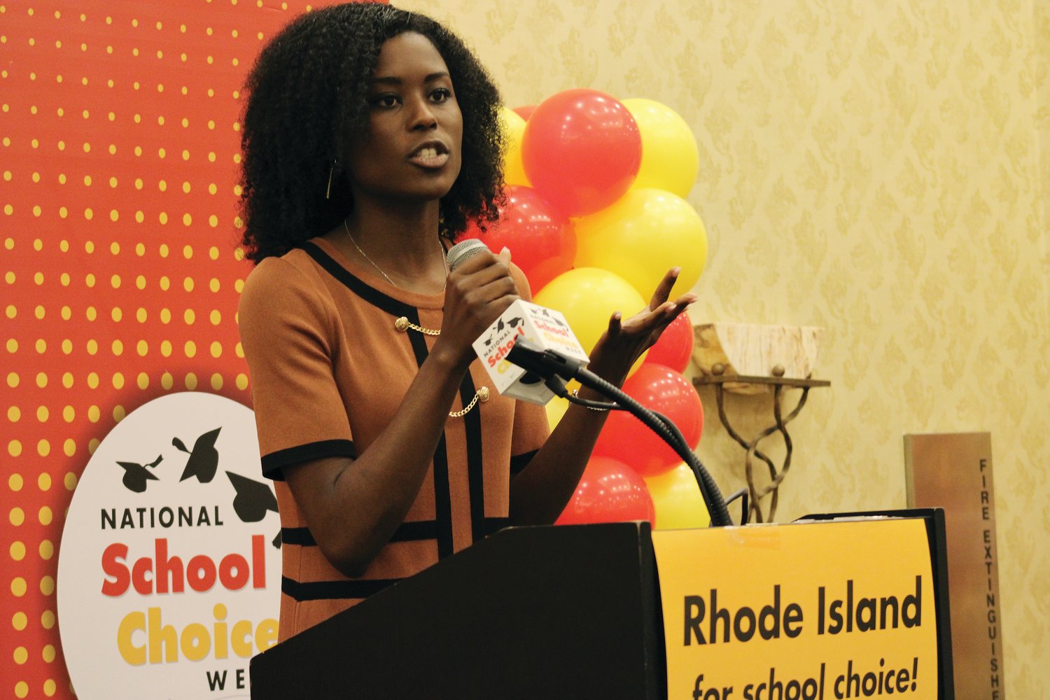 Keynote speaker Hera Varmah, communications director for the National Federation for Children, speaks at the School Choice Fair held at the Crowne Plaza in Warwick on January 22. In her speech, Varmah recalled how school choice played a big role in her and her siblings’ overcoming poverty.